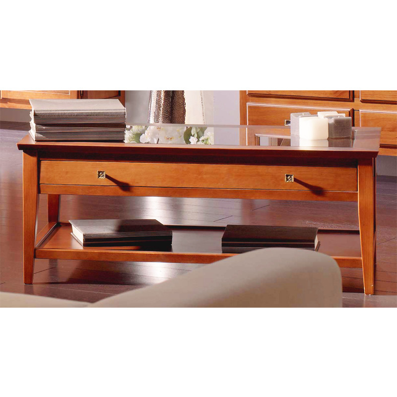 Mesa de centro con 2 cajones y revistero en madera de cerezo