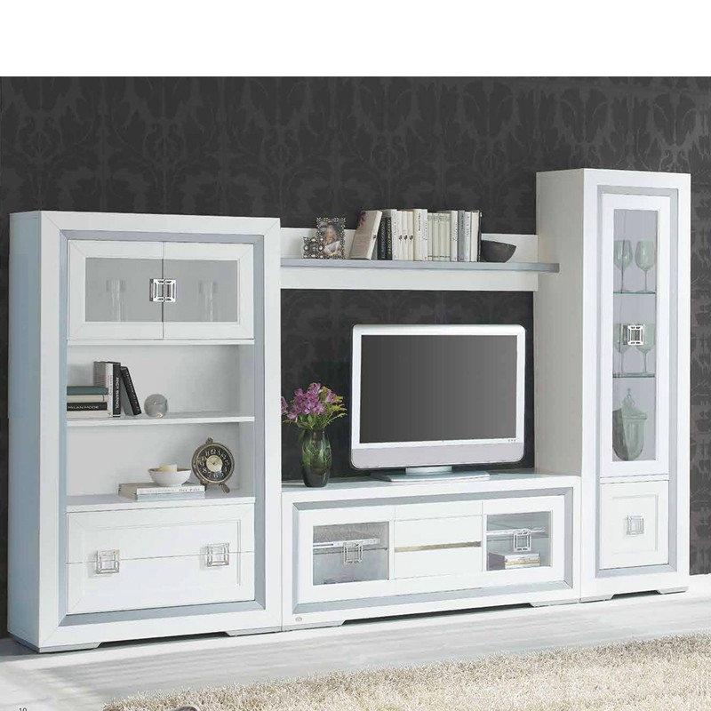 Muebles de salón comedor con vitrina baja y mueble tv Sillas de pino patinadas en colores