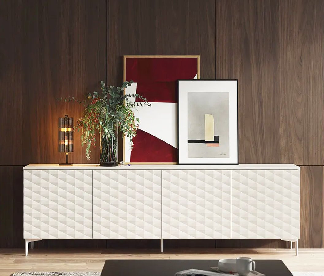 APARADOR DE DISEÑO MODERNO CON PUERTAS DE RELIEVE Y BASE METÁLICA