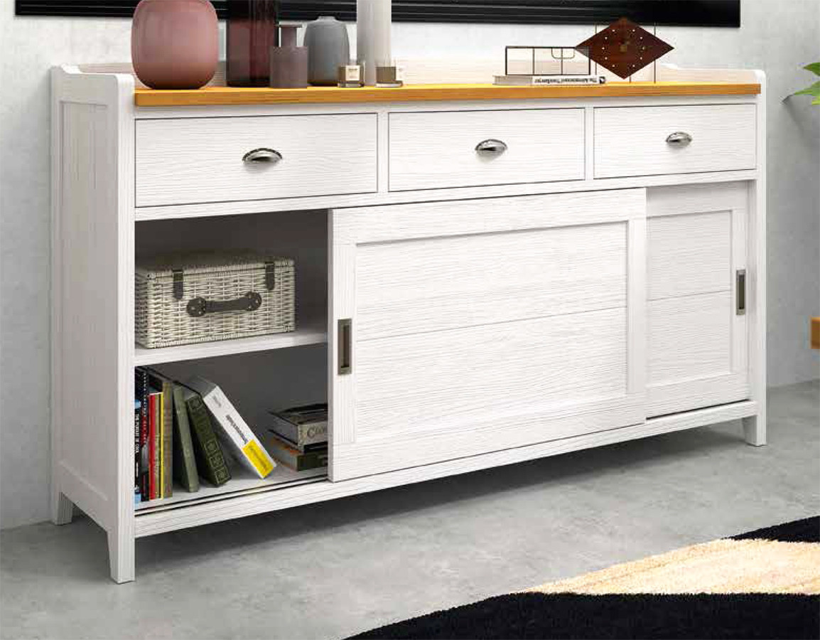 APARADOR DE MADERA CON 2 PUERTAS CORREDERAS Y 3 CAJONES