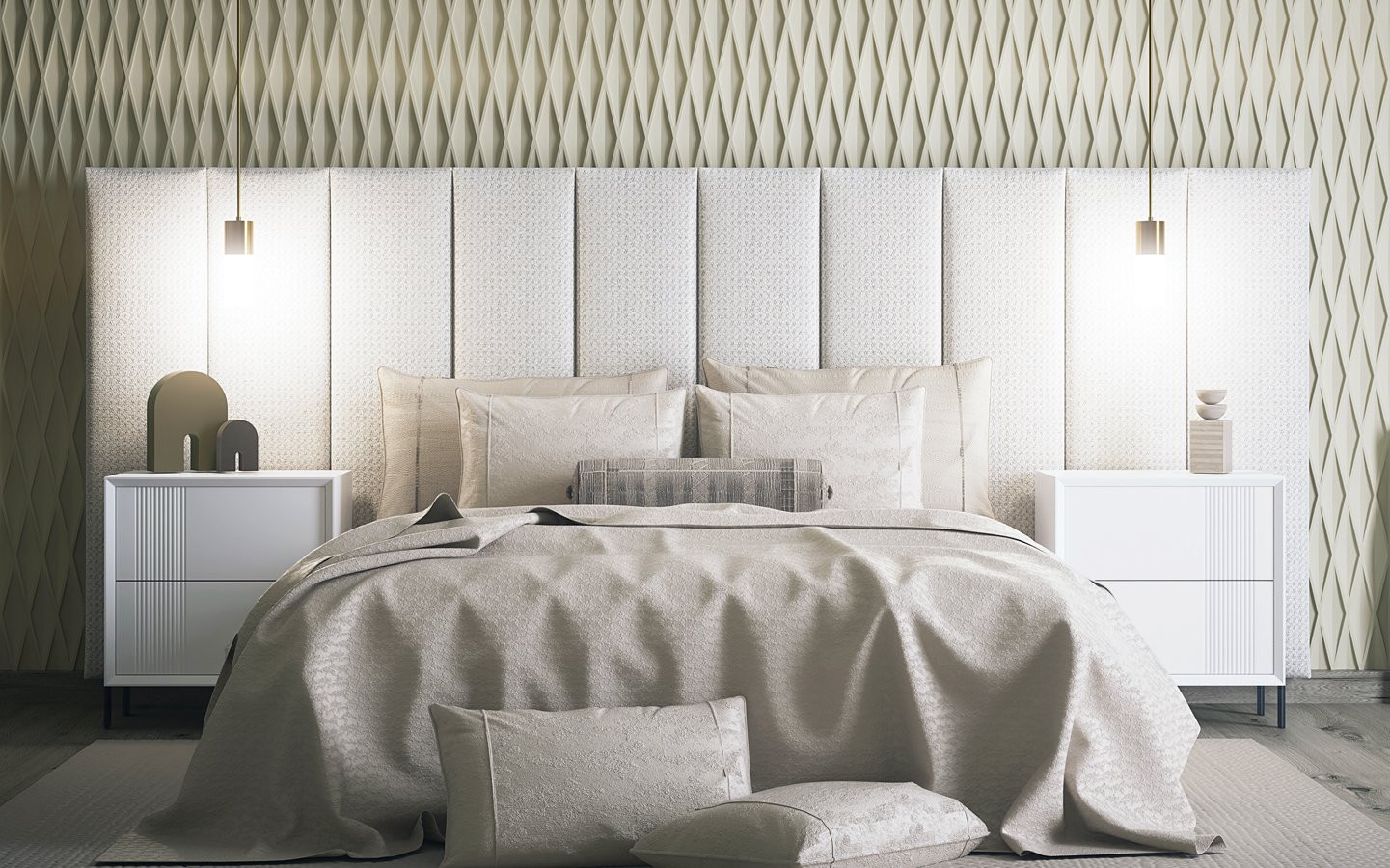 MUEBLES DE DORMITORIO MODERNO CON CABECERO CORRIDO Y MESILLAS