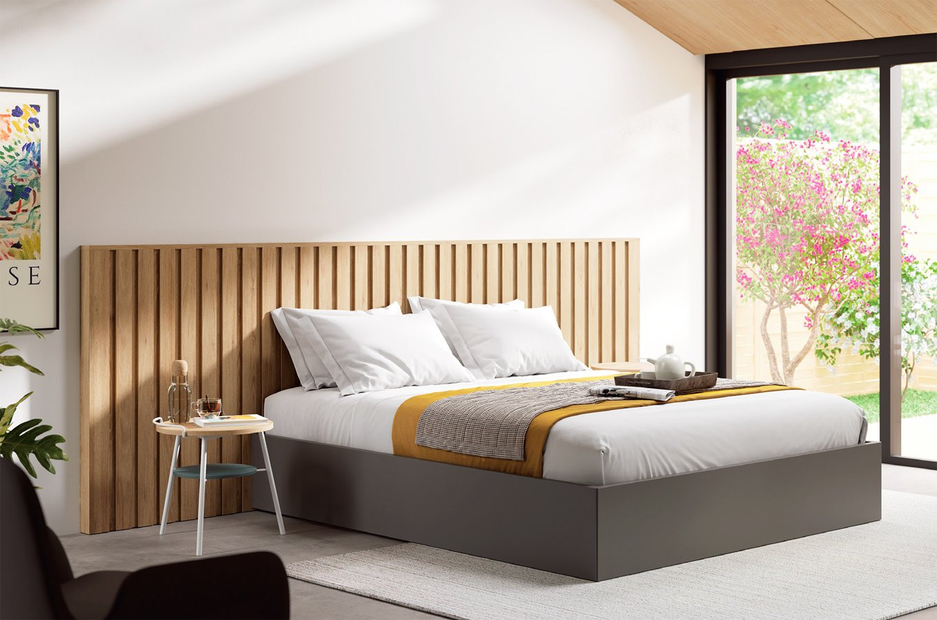 MUEBLES DE DORMITORIO CON CABECERO ALISTONADO Y ARO BAÑERA DE MADERA