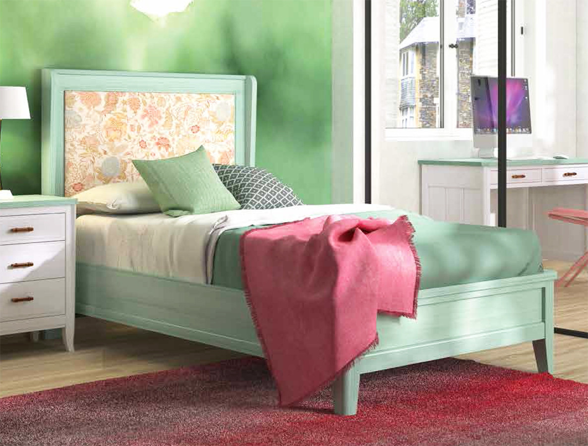 CAMA DE MADERA CON CABECERO TAPIZADO PARA DORMITORIOS JUVENILES