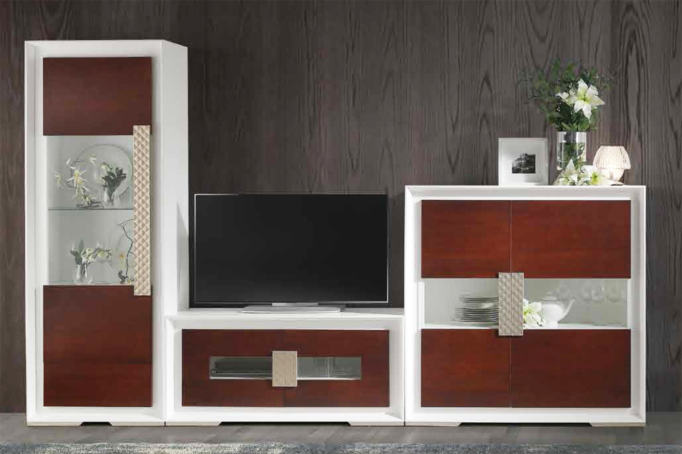 MOBILIARIO DE SALÓN CON VITRINA VAJILLERO MADERA - DM