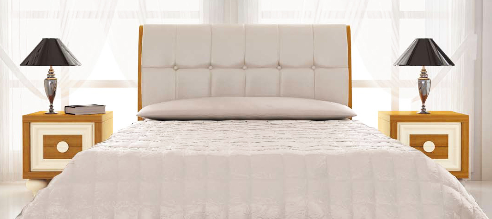 DORMITORIO DE MATRIMONIO CON CABECERO TAPIZADO - PINO