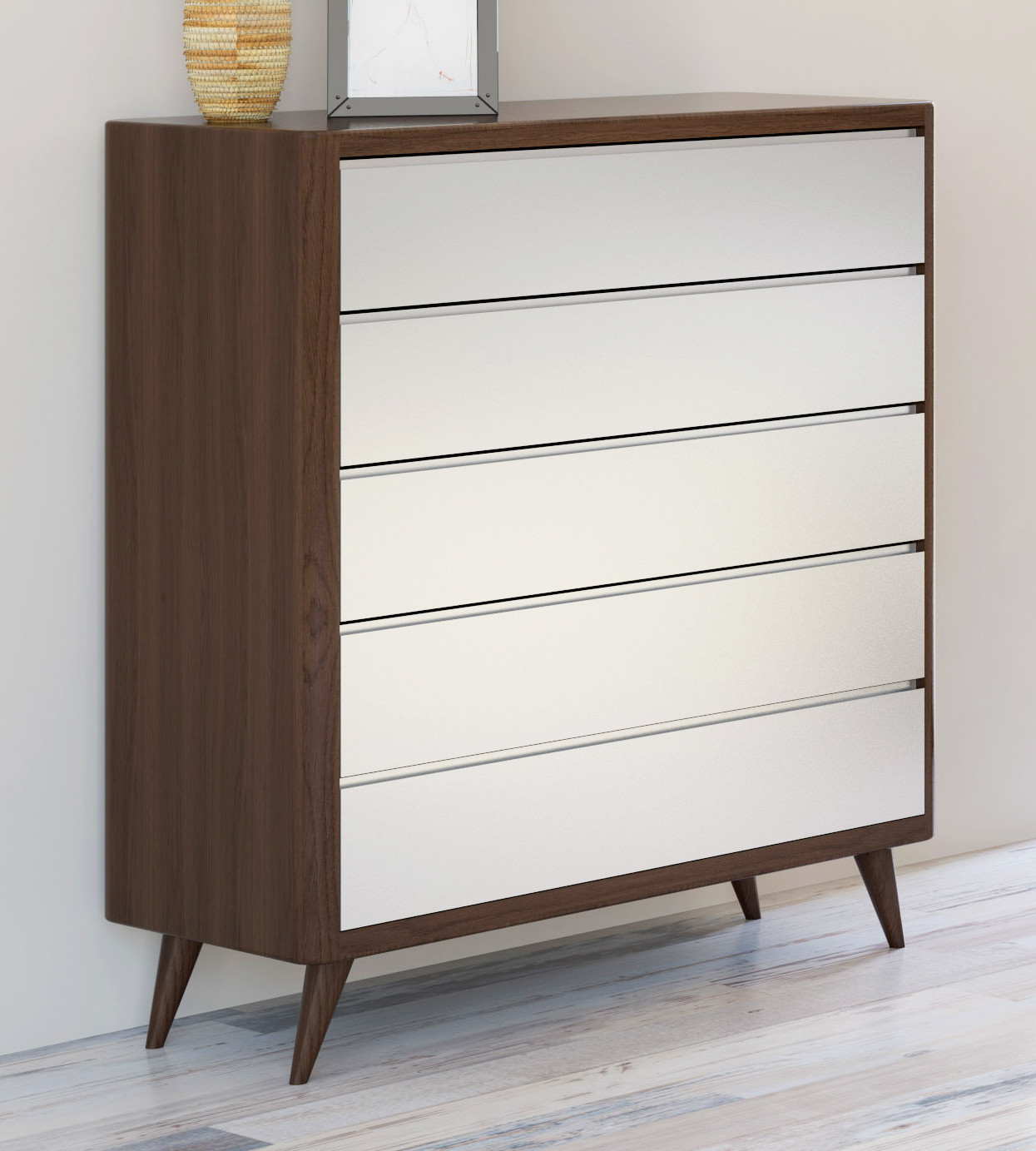 CÓMODA 5 CAJONES MADERA CON PATAS RETRO - PINO