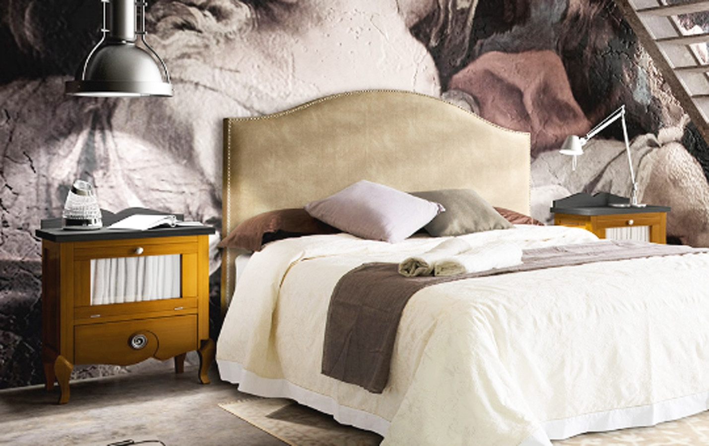 MUEBLES DE DORMITORIO VINTAGE CON CABECERO TAPIZADO