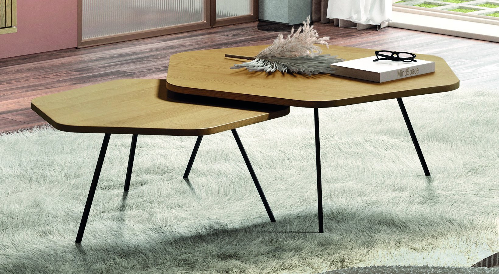 MESA DE CENTRO CON LA TAPA REALIZADA EN MADERA DE ROBLE SOSTENIBLE