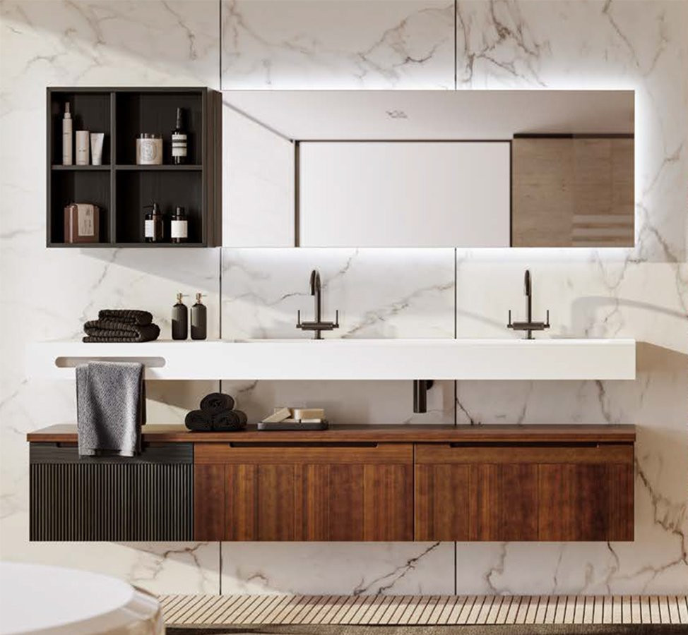 MUEBLE DE BAÑO MODERNO CON LAVABO, 3 CAJONES, BALDAS Y ESPEJO