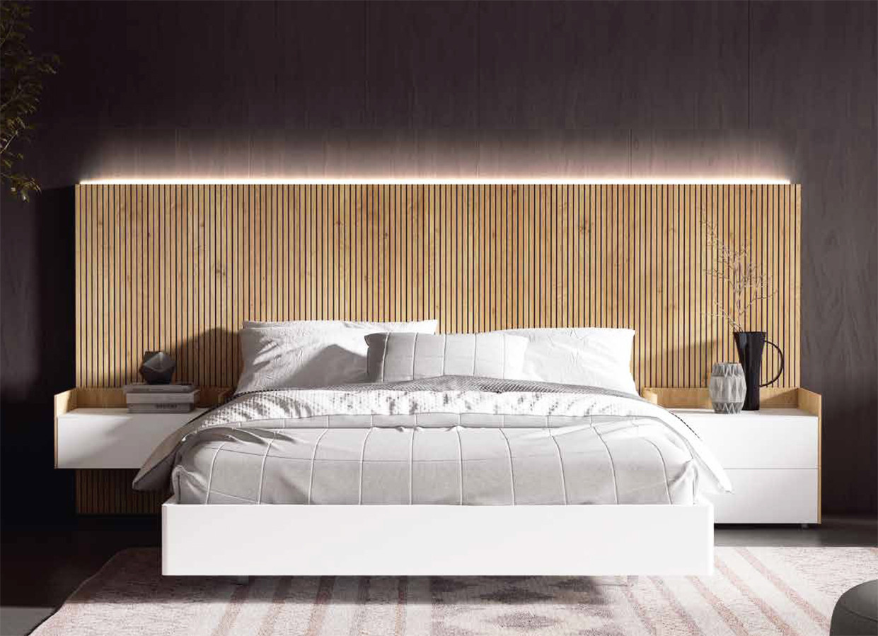 MUEBLES DORMITORIO CON CABECERO ALARGADO MESILLAS MADERA - ROBLE