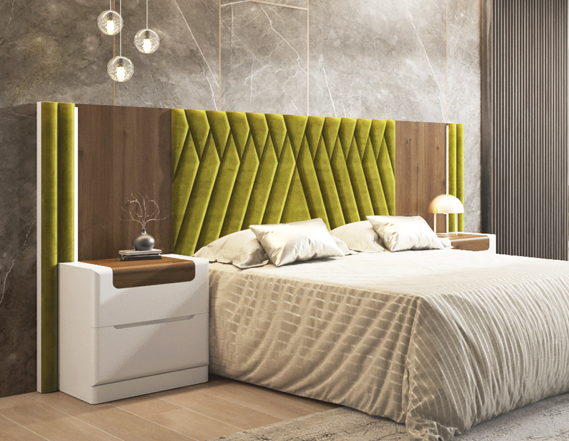 MUEBLES DORMITORIO CABECERO TAPIZADO Y MADERA CHAPA ROBLE - DM