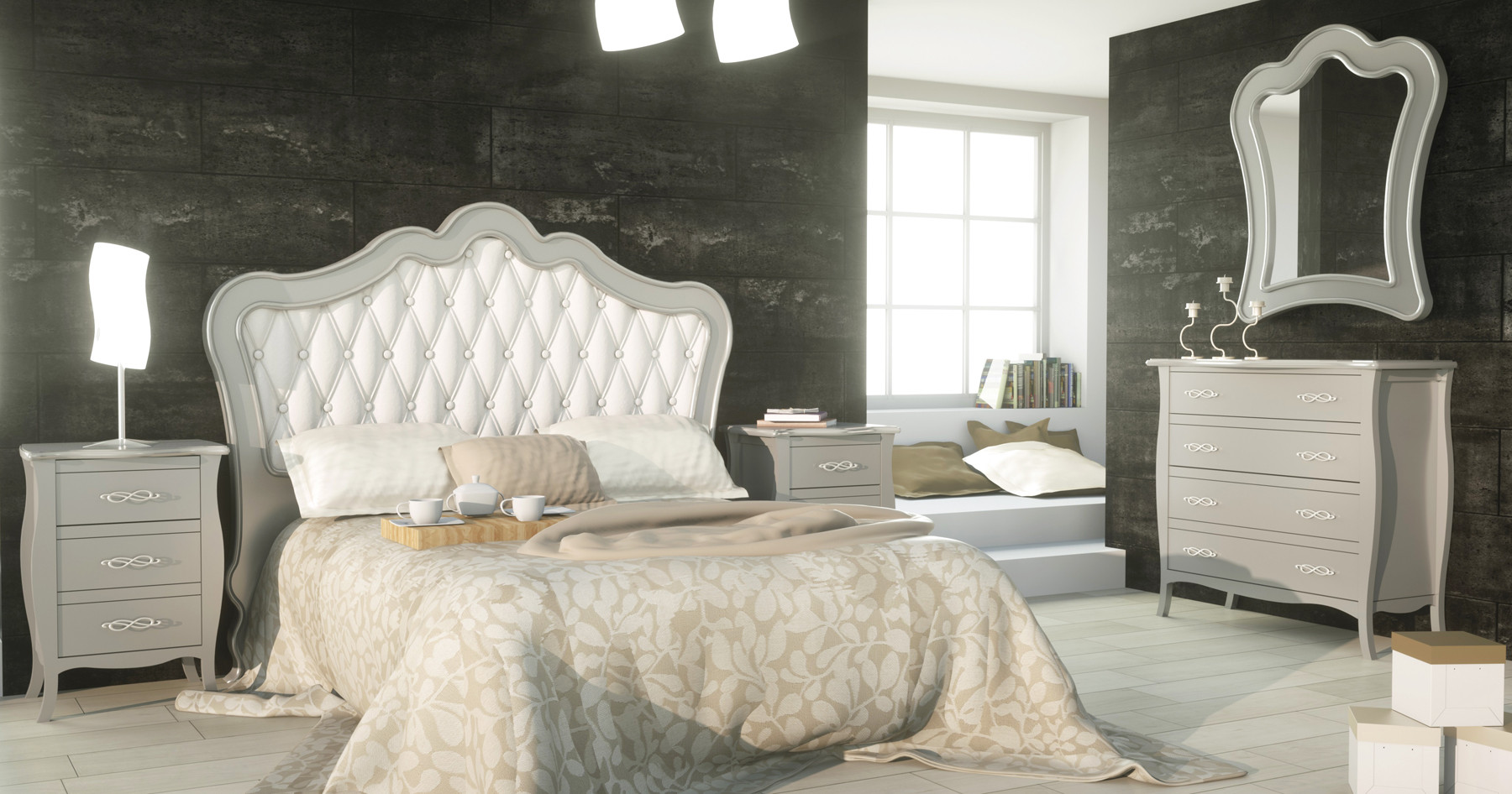 DORMITORIO MATRIMONIO CLÁSICO TAPIZADO - PINO