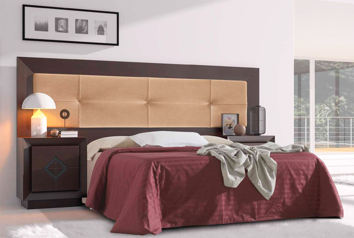 DORMITORIO CON CABECERO TAPIZADO MADERA - ROBLE