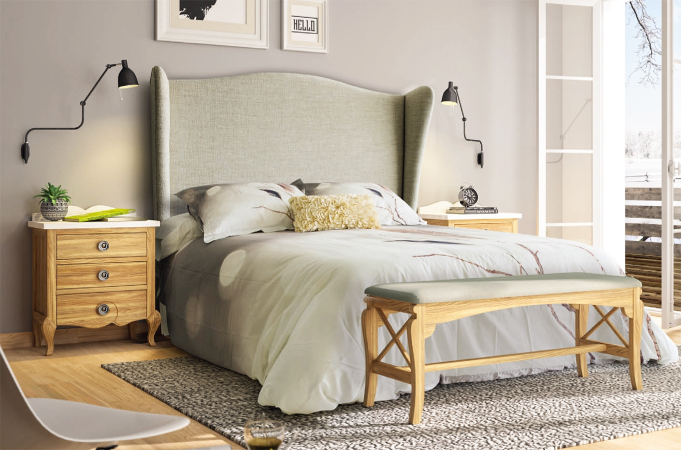 MUEBLES DE DORMITORIO VINTAGE CON CABECERO OREJERO TAPIZADO