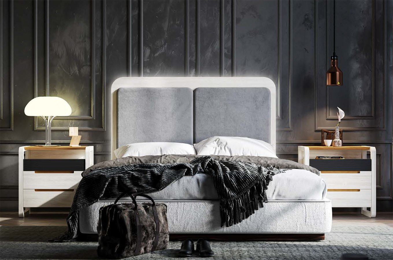 DORMITORIO MODERNO CON CABECERO TAPIZADO Y DOS MESITAS