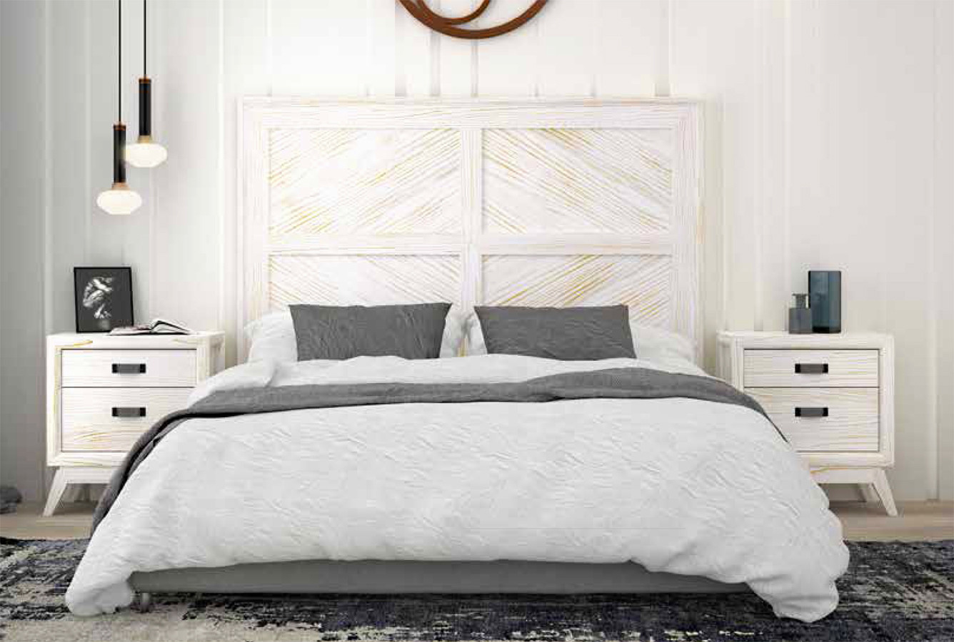 MOBILIARIO DE DORMITORIO CABECERO CON PANEL DE MADERA NATURAL