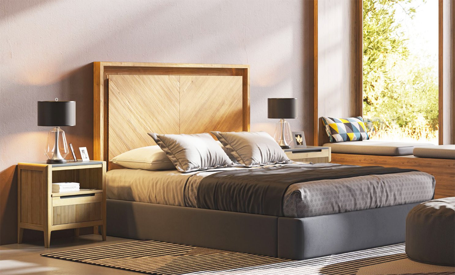 CONJUNTO DE MUEBLES DE DORMITORIO MADERA CON ACABADOS NATURALES