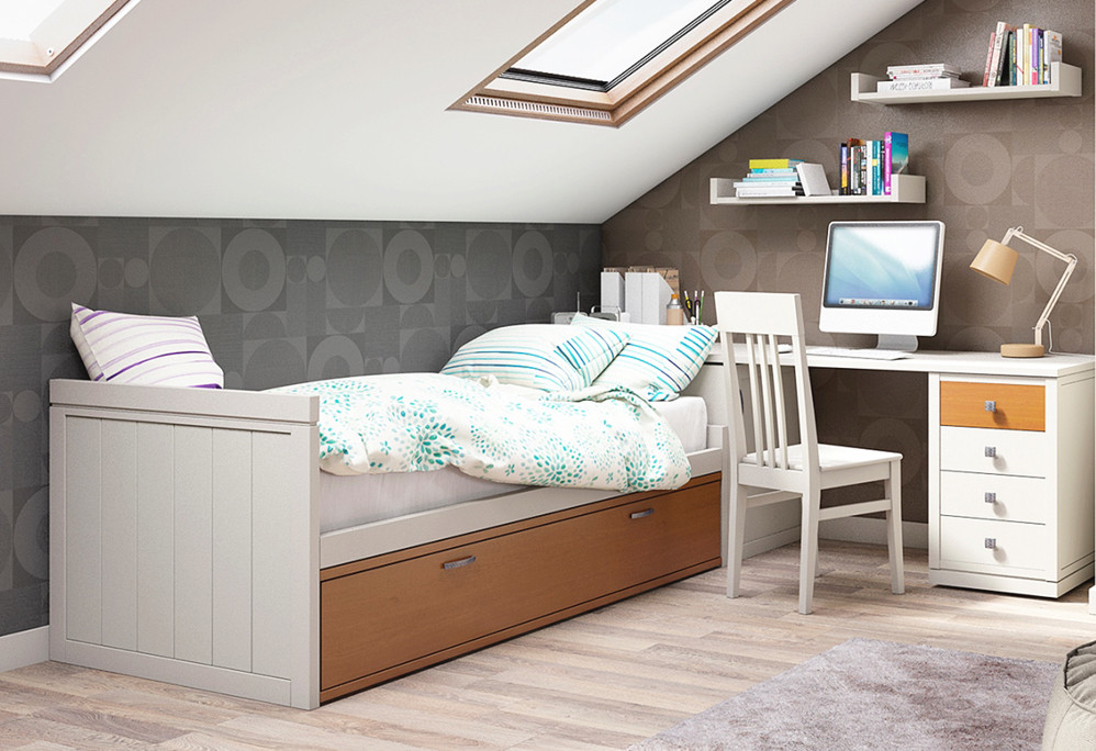 DORMITORIO JUVENIL CON CAMA NIDO Y ESCRITORIO MADERA - HAYA
