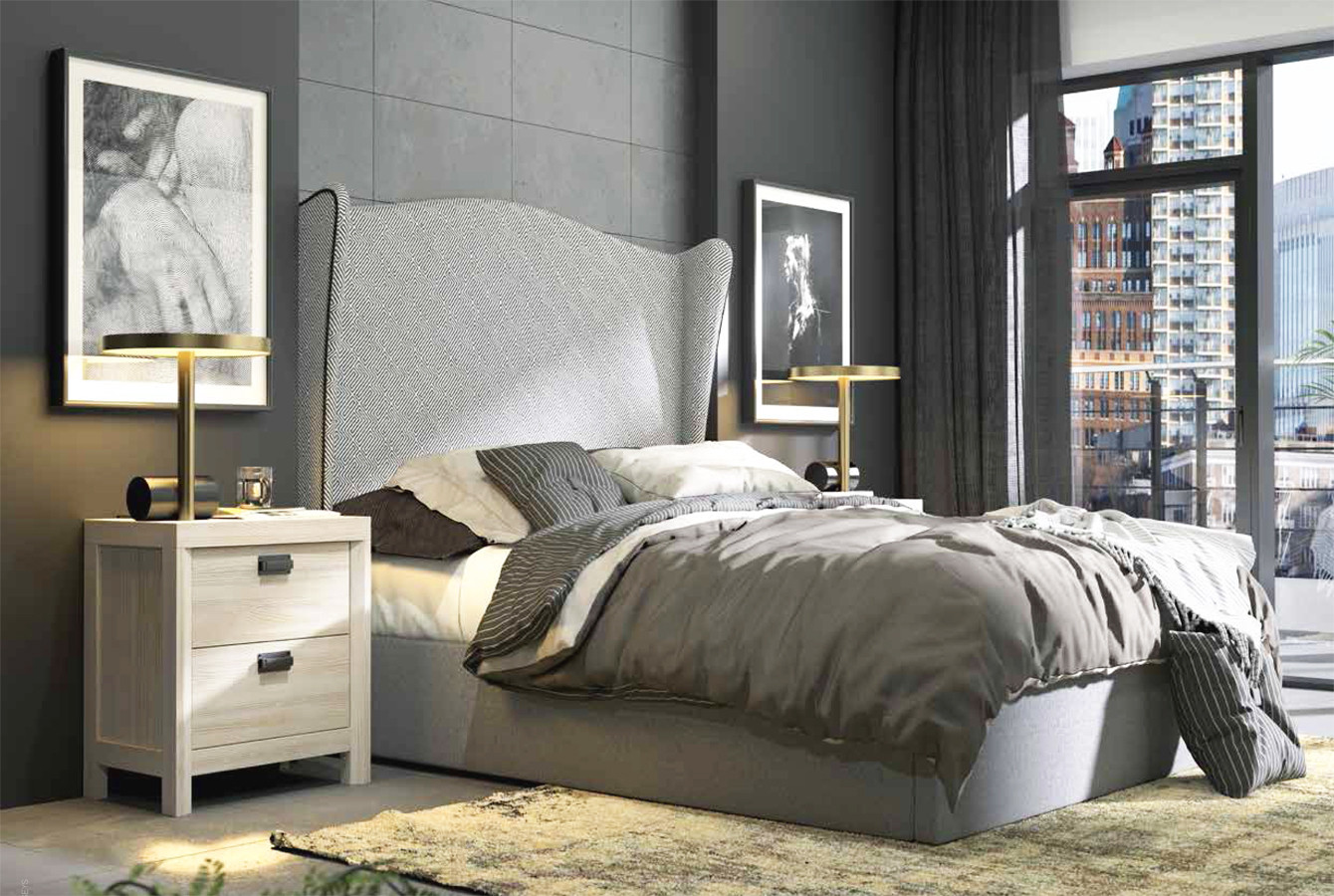 MUEBLES DE DORMITORIO CON CABECERO TAPIZADO Y MESILLAS DE NOCHE