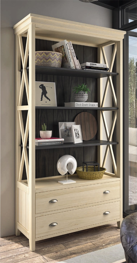 LIBRERÍA DE MADERA NATURAL CON ASPAS PARA TELETRABAJAR EN CASA