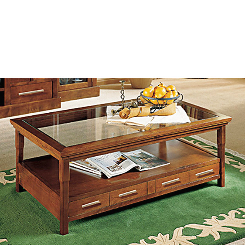 Mesa de centro con 4 cajones en madera de cerezo
