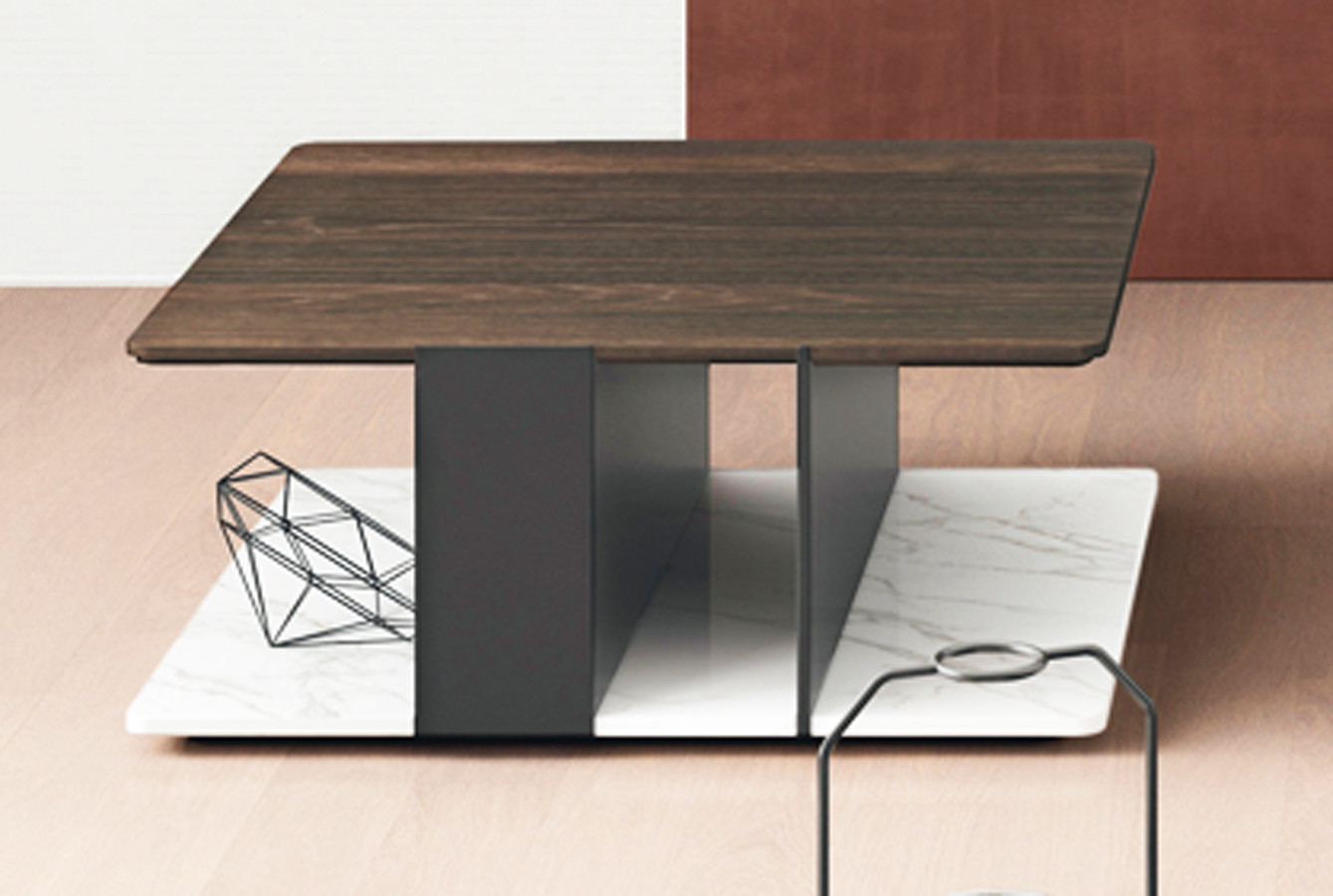 MESA DE CENTRO TAPA DE MADERA, DOS CAJONES Y BASE DE MÁRMOL - DM