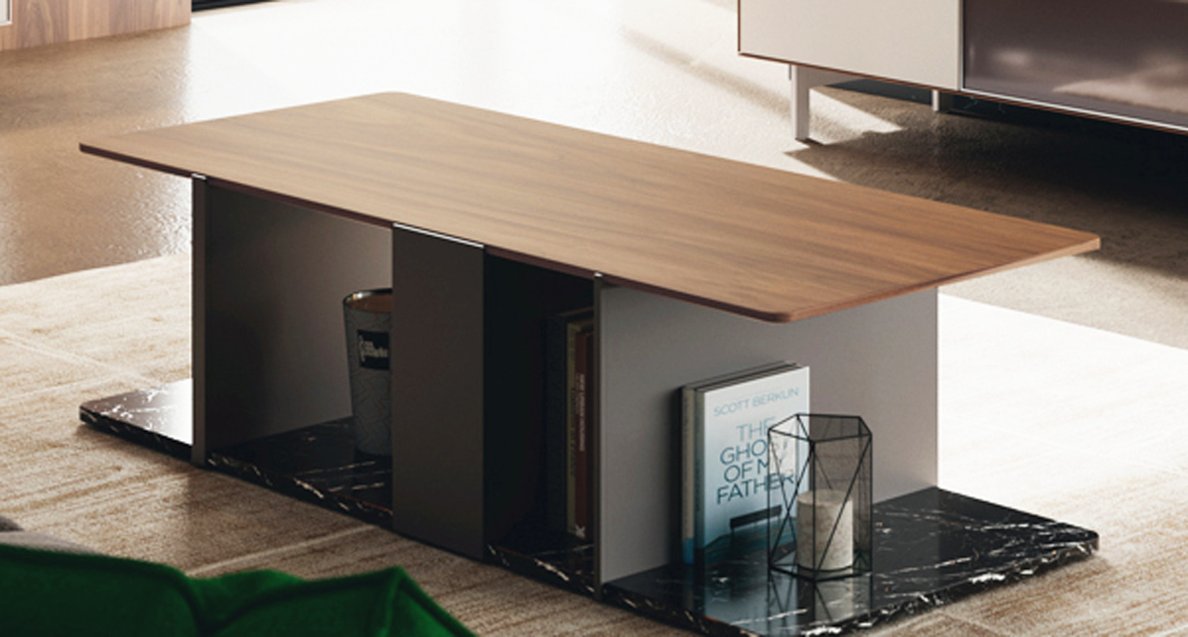 MESA DE CENTRO DISEÑO MODERNO BASE DE MÁRMOL Y CAJÓN OCULTO - DM