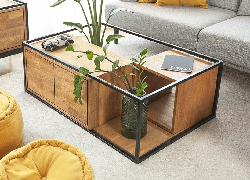 MESA DE CENTRO RECTANGULAR ESTRUCTURA HIERRO LACADO MADERA ROBLE