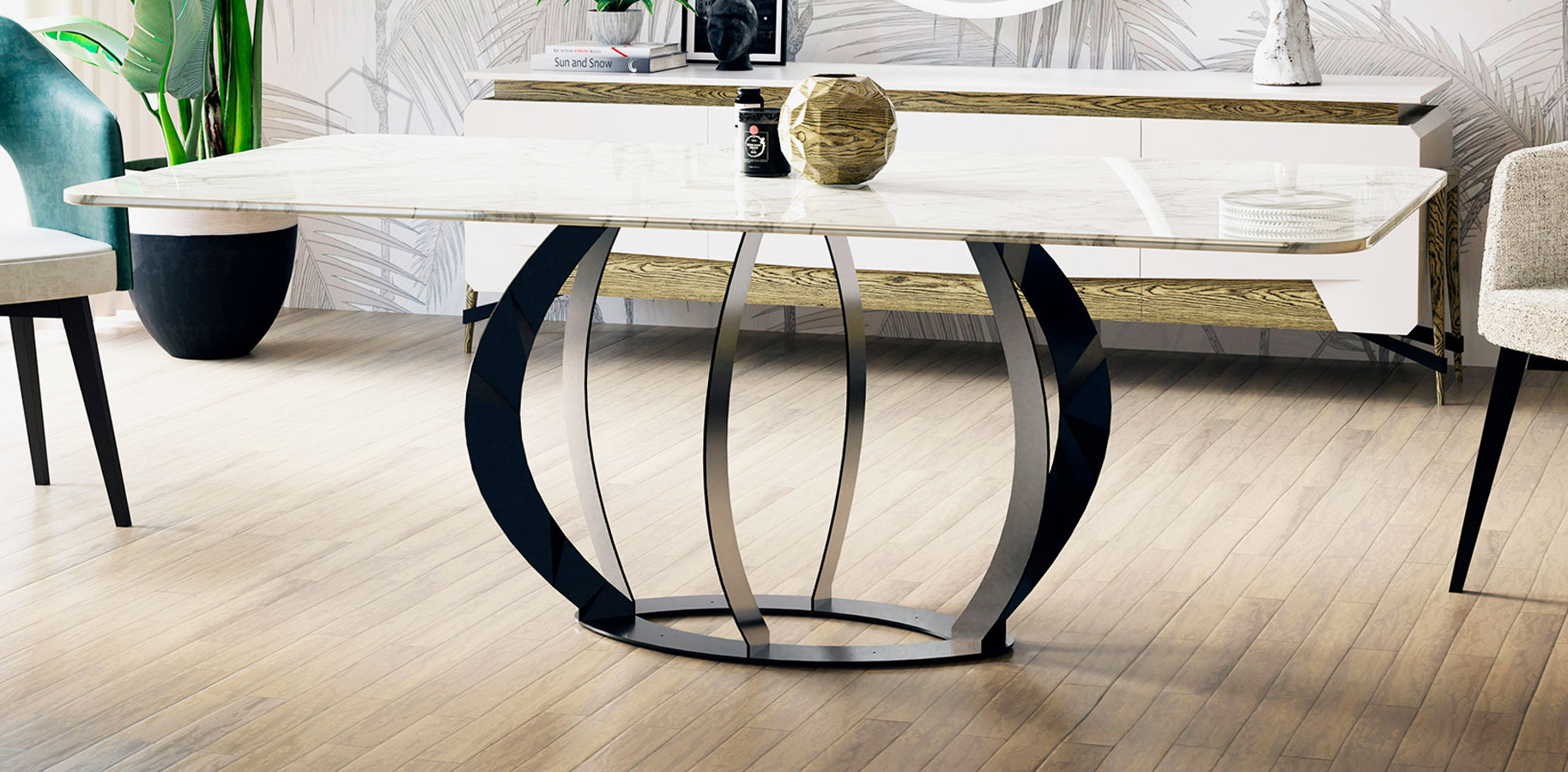 MESA DE COMEDOR CON BASE METÁLICA IDEAL PARA SALÓN ELEGANTE - DM