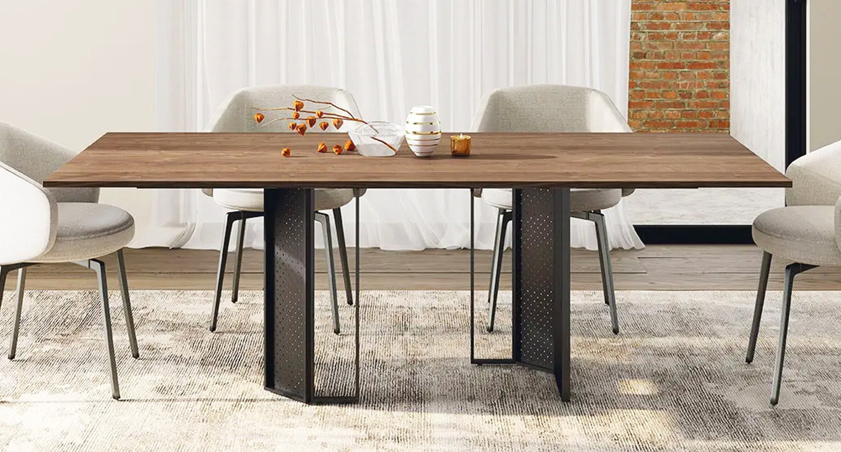 MESA DE COMEDOR MODERNA CON DOS BASES METÁLICAS DE DISEÑO