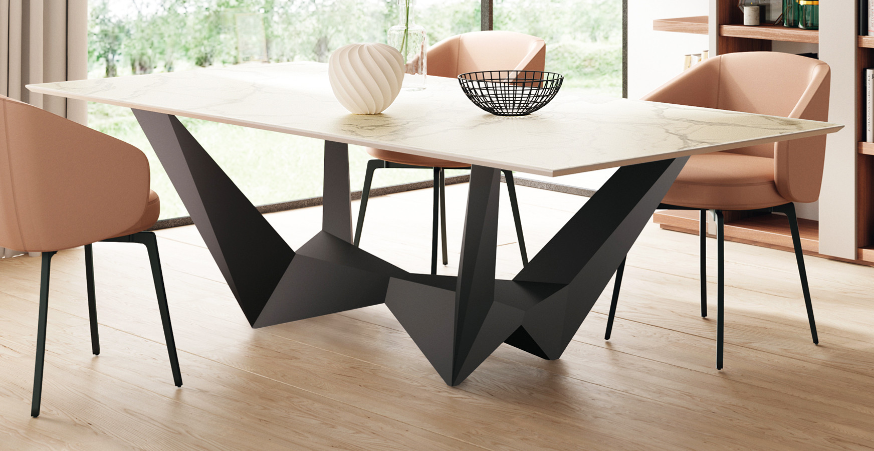 ▷ MESA DE COMEDOR DE DISEÑO tapa cerámica y base metálica