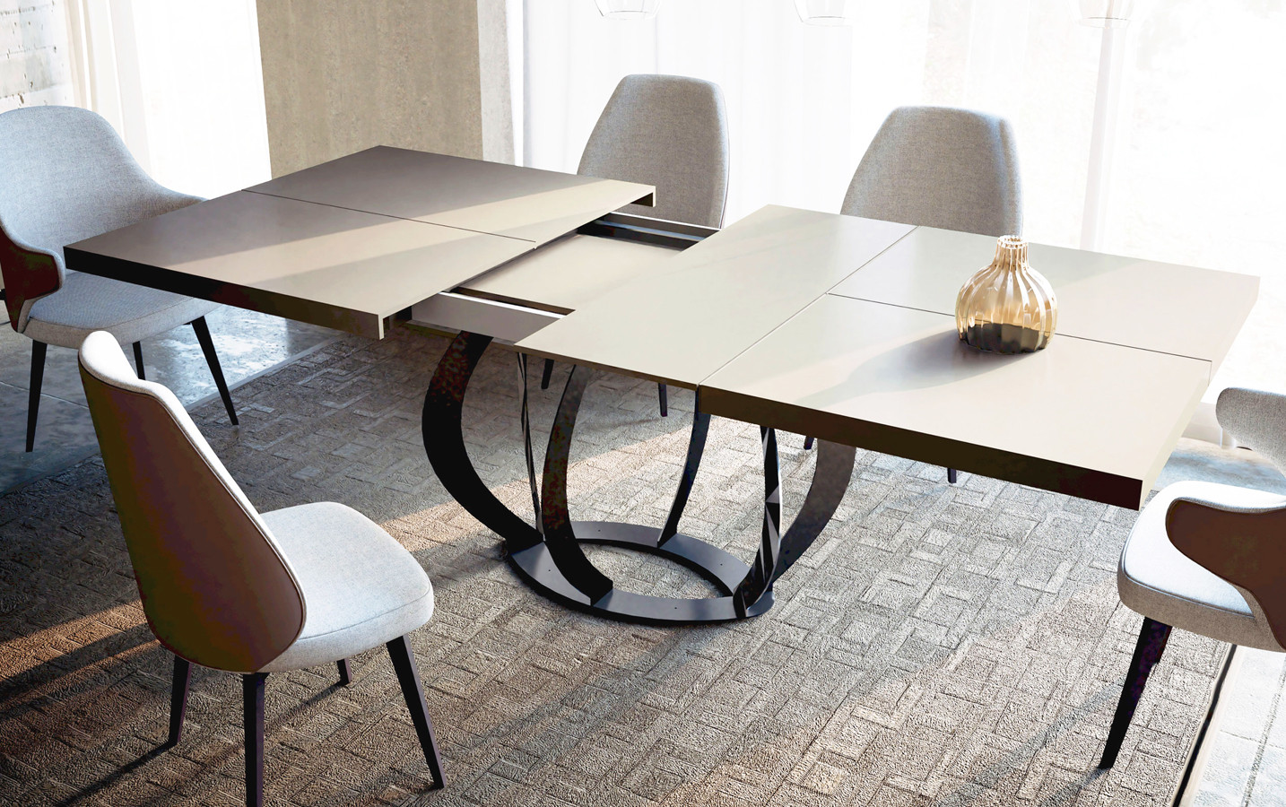 MESA DE COMEDOR EXTENSIBLE CON BASE METÁLICA REDONDA - DM