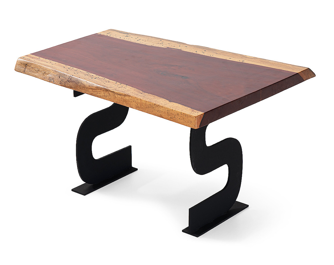 MESA DE TABLÓN MADERA DE PALO ROJO SIN CANTEAR Y PATAS METÁLICAS