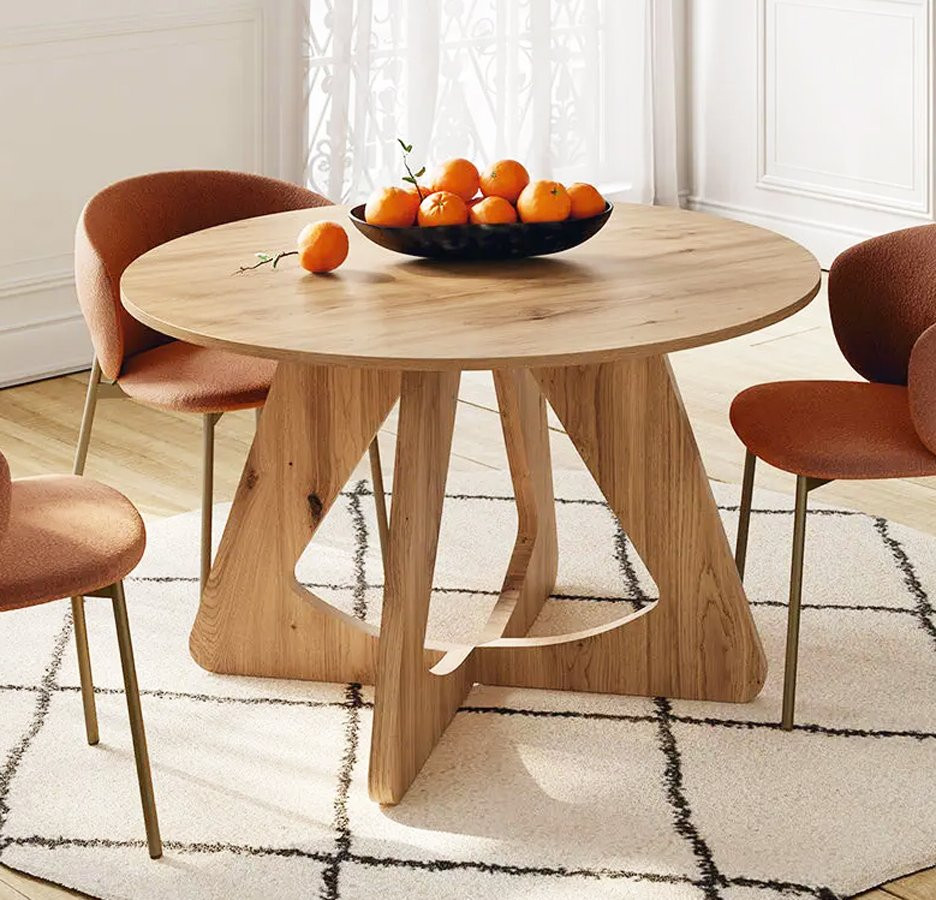 MESA DE COMEDOR REDONDA CON BASE ROBUSTA Y DE LÍNEAS CONTUNDENTES