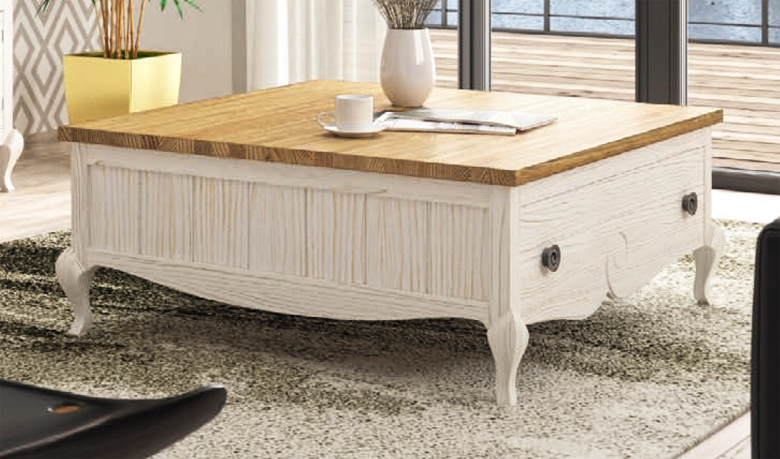 MESA DE CENTRO CUADRADA Y CON CAJÓN MADERA NATURAL