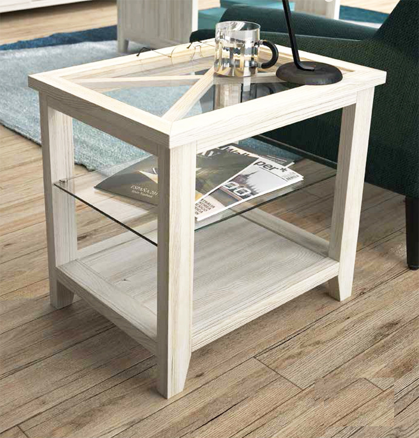 MESA DE RINCÓN CON LA TAPA CON ASPA Y REVISTERO DE CRISTAL