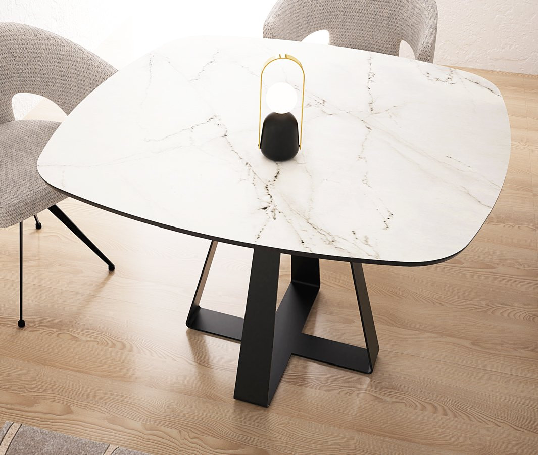 MESA DE COMEDOR MODERNA CON BASE METÁLICA Y TAPA PORCELÁNICA