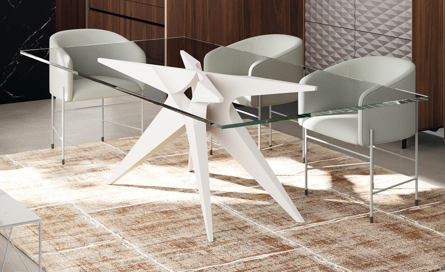 MESA DE COMEDOR DE DISEÑO BASE METÁLICA TAPA DE CRISTAL TEMPLADO