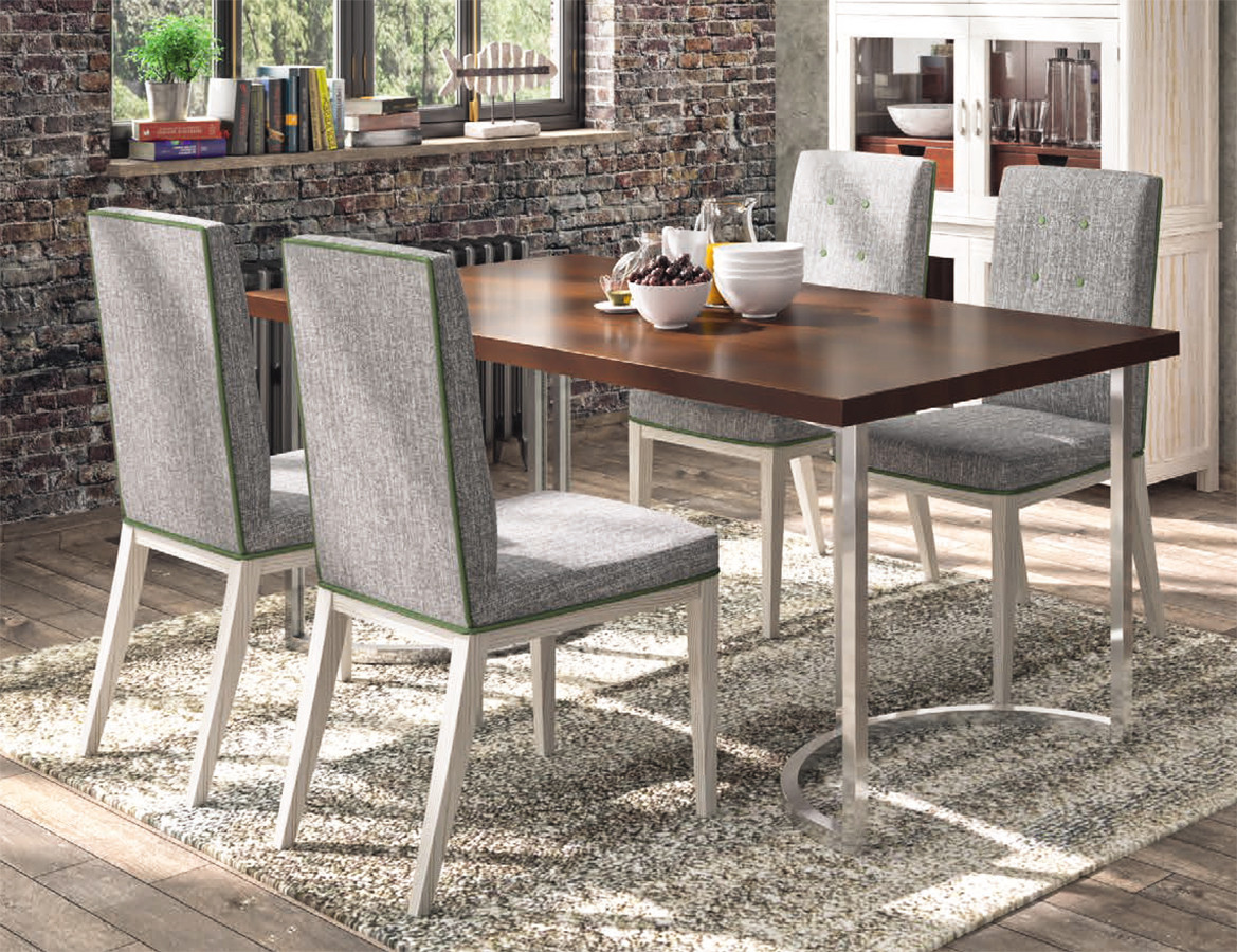 MESA DE COMEDOR CON TAPA DE MADERA Y BASE METÁLICA