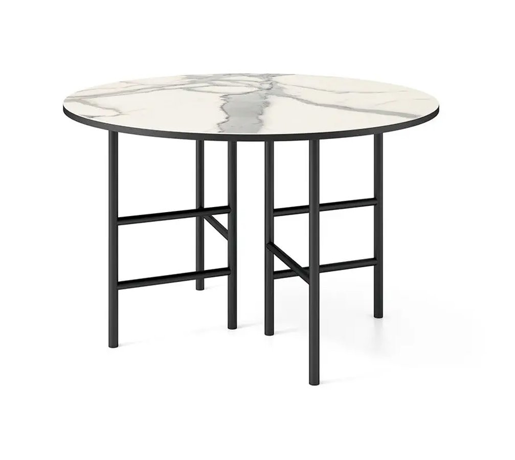 MESA DE COMEDOR REDONDA ESTILO ATEMPORAL CON DOS BASES METÁLICAS