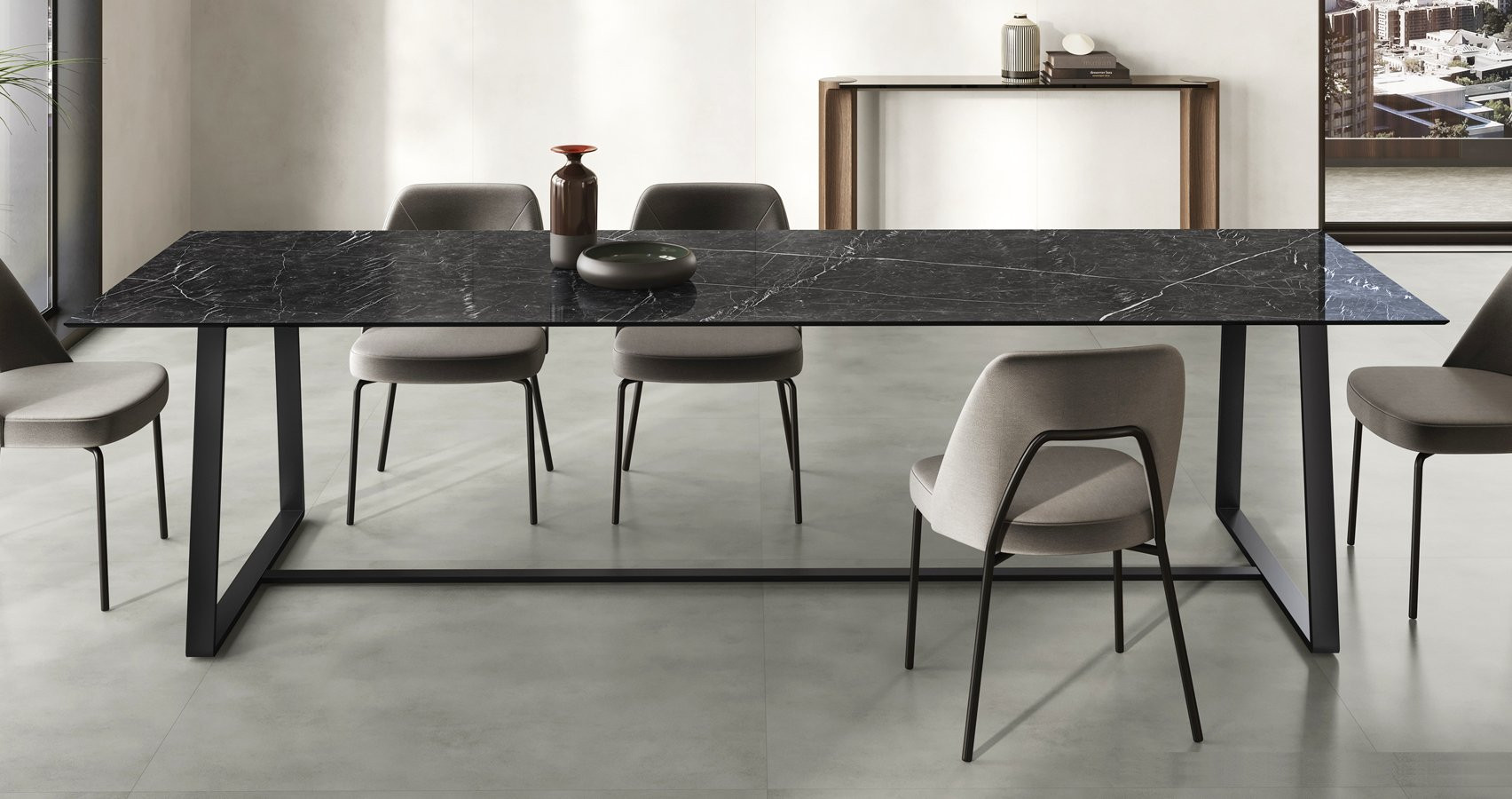 ELEGANTE MESA CON ENCIMERA DE GRES PORCELÁNICO Y BASE DE HIERRO
