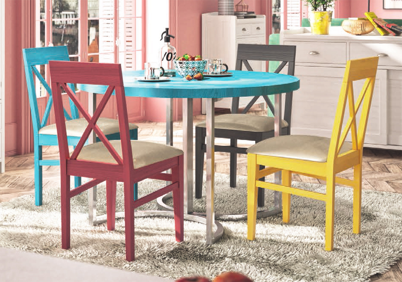 MESA DE COMEDOR REDONDA CON BASE DE METAL Y TAPA DE MADERA