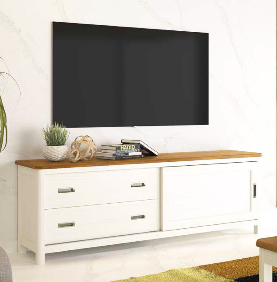 MESA DE TV CON CAJONES DE GRAN CAPACIDAD EN MADERA NATURAL