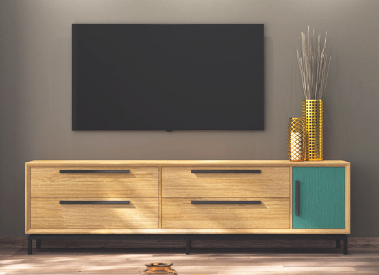 MESA DE TELEVISIÓN CAJONES Y PUERTAS EN MADERA NATURAL SOSTENIBLE