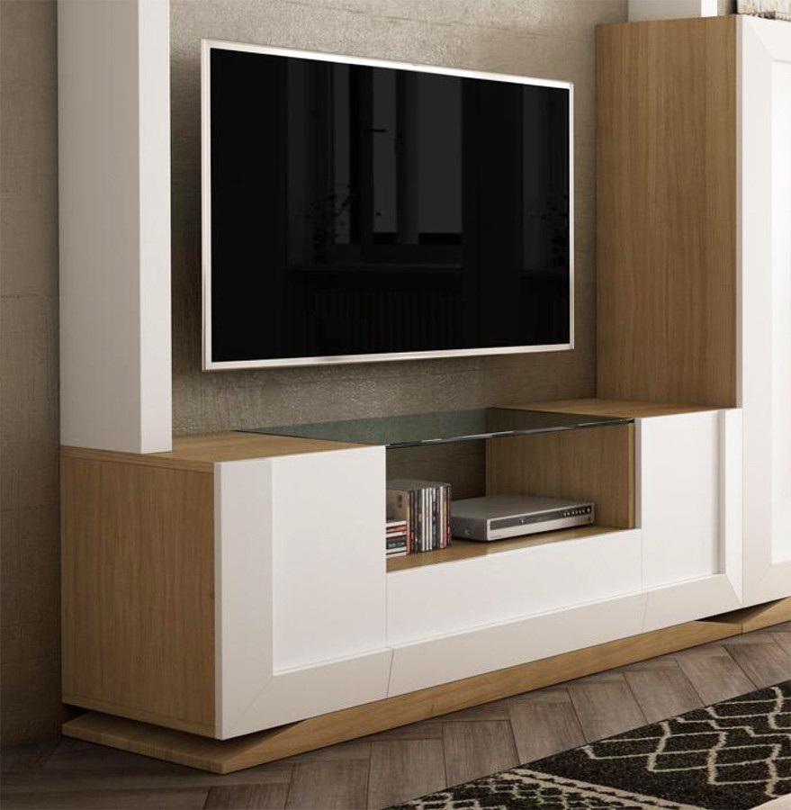 MUEBLE TELEVISIÓN 2 PUERTAS, CAJÓN Y TAPA DE CRISTAL - ROBLE