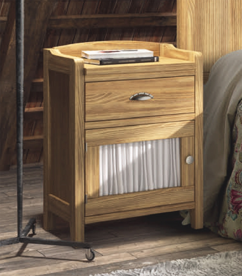 MESILLA DE MADERA NATURAL CON CAJÓN Y PUERTA CRISTAL Y VISILLO