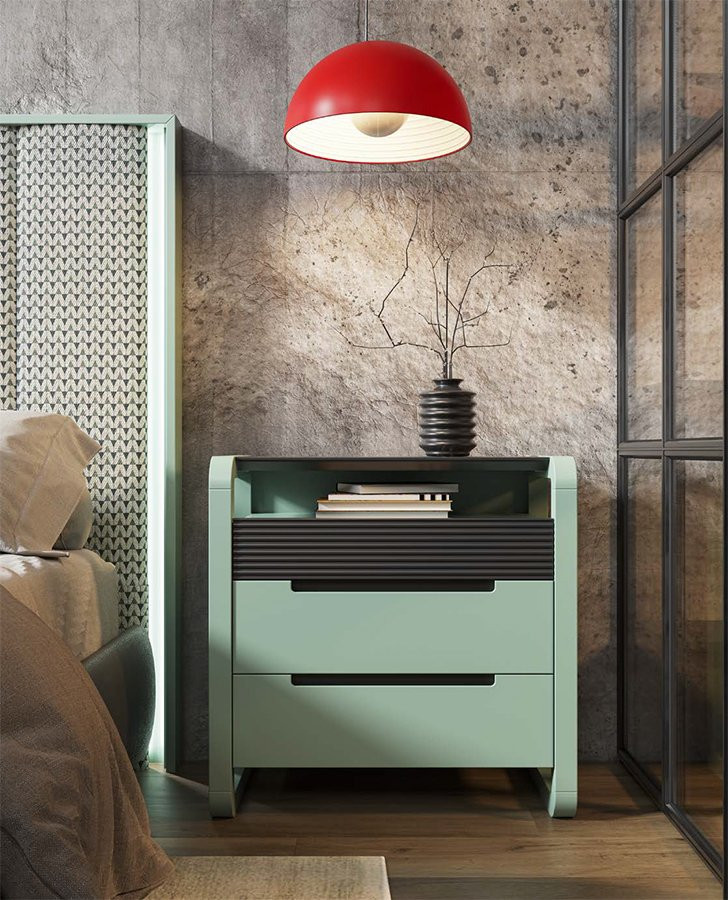 Mesita de noche contemporánea con estante y cajones estriados en dormitorio moderno