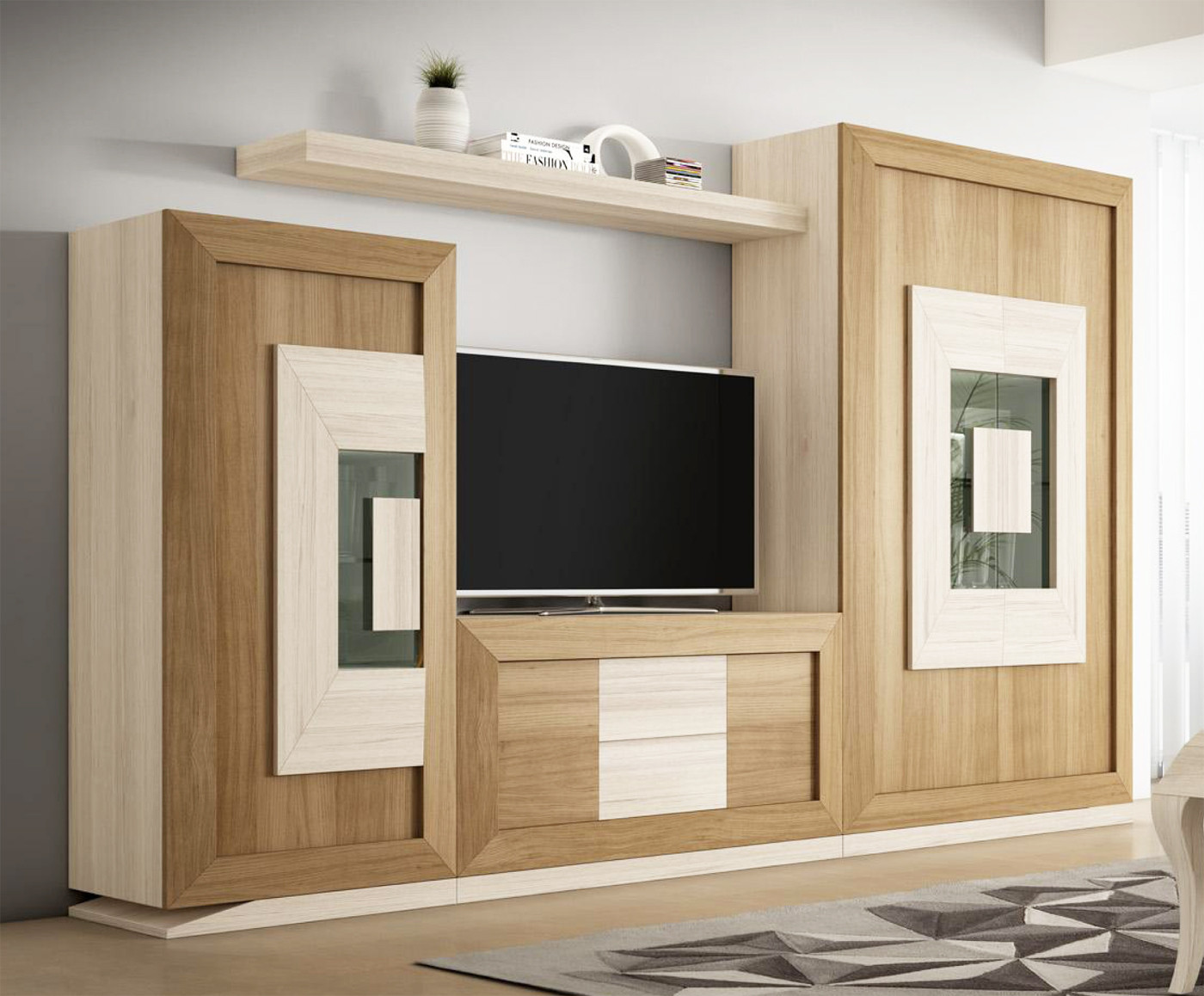 COMPOSICIÓN DE SALÓN CON MUEBLE TV Y DOS VITRINAS MADERA - ROBLE
