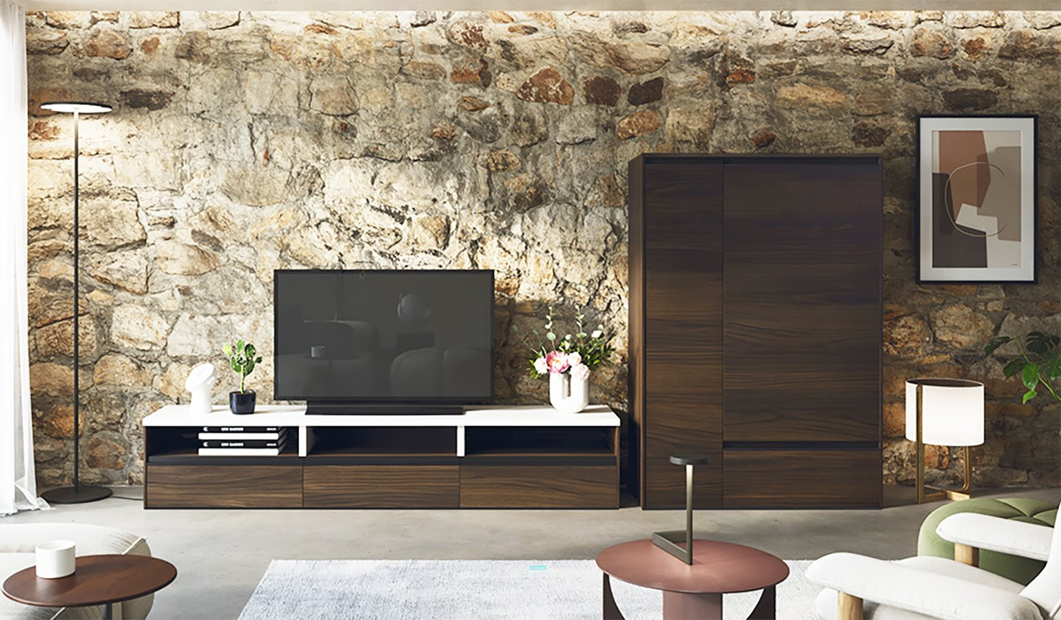 CONJUNTO DE MUEBLE TV Y VITRINA CON GRAN CAPACIDAD DE ALMACENAJE