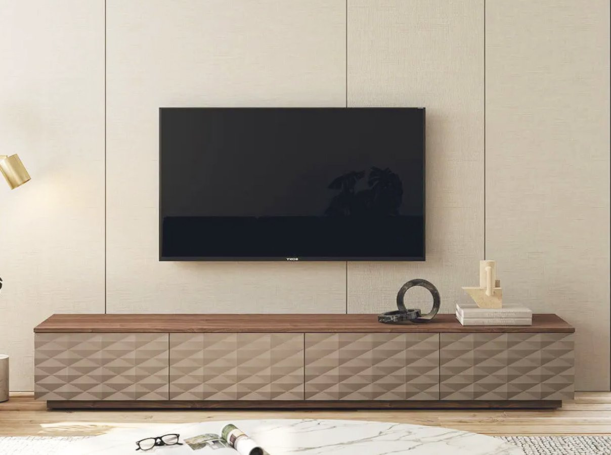 MUEBLE BAJO DE TELEVISIÓN MODENO CON ELEGANTES PUERTAS CON RELIEVE